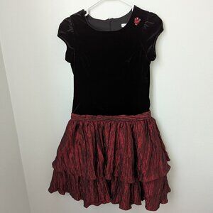 Vintage Girls Genuine Rose Black Velvet Bodice Crinkle Skirt Dress, Size 14